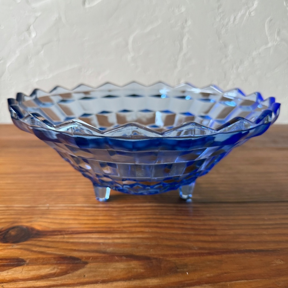 Vintage Indiana Glass Whitehall Blue Glass Bowl | 10" Footed Sawtooth Edge - Picture 9 of 15